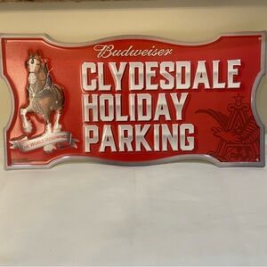 Budweiser Clydesdale Holiday Parking Tin Metal Sign - Red Rare